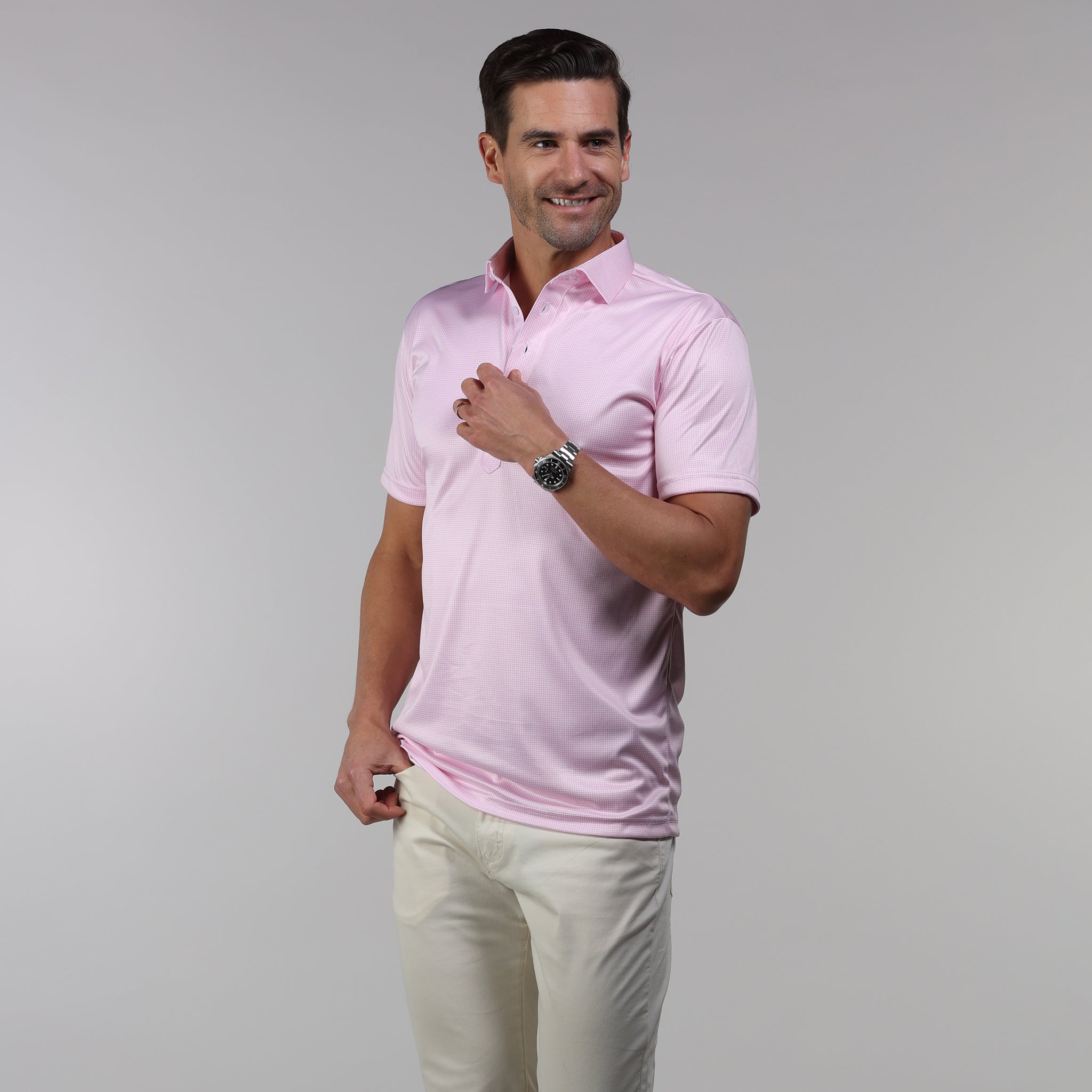 Semi-Spread Collar Polo Pink Houndstooth