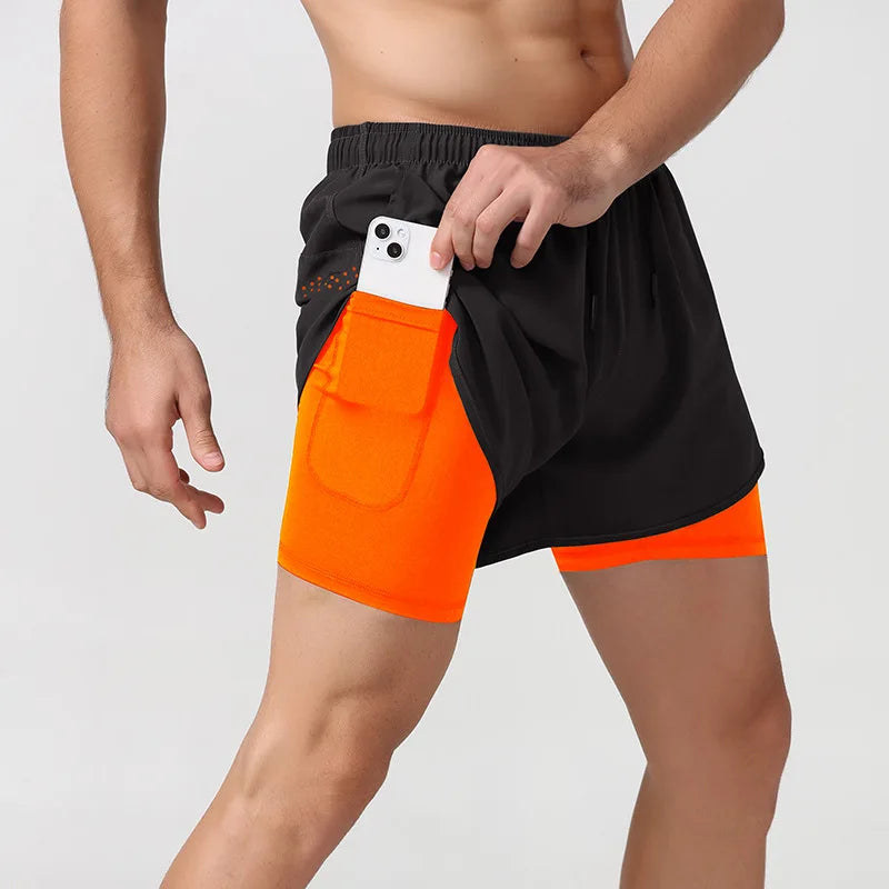Shorts 2 In 1 Fitness Training Gym Sports Short Pants Quick Dry Built-in Pocket Double-deck Beach Bottom Summer Shorts Men