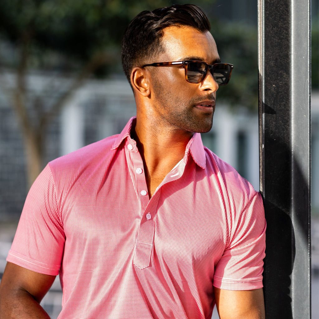 Semi-Spread Collar Polo Red Houndstooth