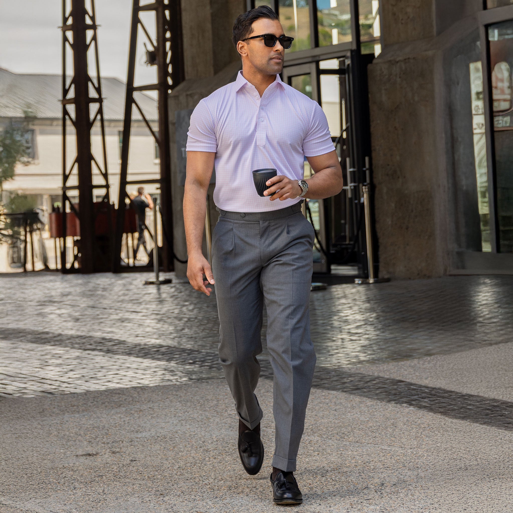 Semi-Spread Collar Polo Thin Pink Check